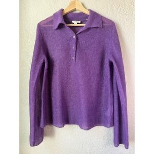 Vince Purple Mohair Wool Blend Sheer Open Knit Polo Sweater XL Italian Yarn